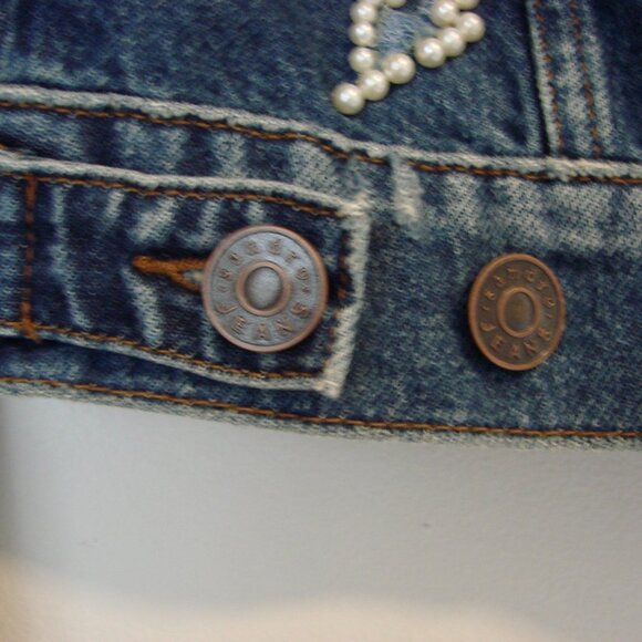 Sandro Denim Jean Jacket Pearl Embellished Lightning Bolt Size 42 FR or 10 - Picture 16 of 16